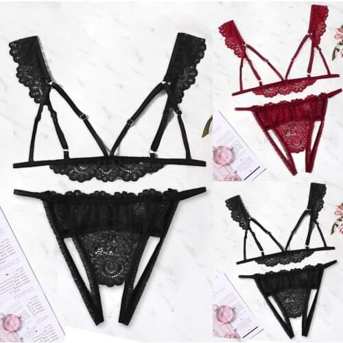 Sensual Pajamas G-string Push Up Top Fashion Women Plus Size V-Neck Hollow Bra +Thong Sexy Hot Lingerie Set Underwear S-2XL