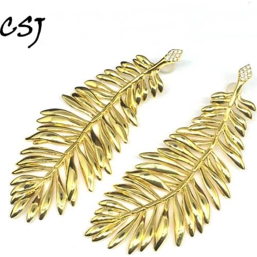 CSJ New Design Yellow Gold Earrings Moving Leaves Big Size Fine Jewelry For Lady Woman Party Gift,box