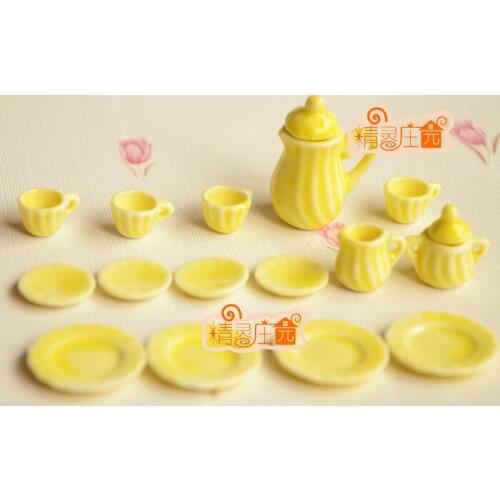 G05-X4318 children baby gift Toy 1:12 Dollhouse mini Furniture Miniature rement ceramics tea set 15pcs/set yellow