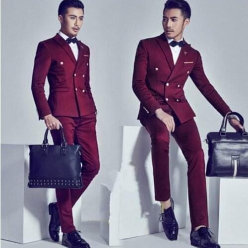 Double Breasted Slim Fit Mens Evening Dress Toast Suit Prom Party Clothing Burgundy Groom Tuxedos (Jacket+Pants+Tie) W:503