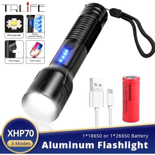 Powerful LED Flashlight XHP70 4-Core Aluminum Tactial Torch Portable Waterproof Lantern 18650 26650 Battery Lamp for Hunting
