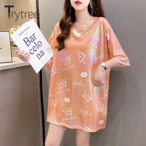 Trytree 2021 Summer Woman Casual T-shirt Oversize O-neck Cotton Blend Shining Satin Printed Long T-shirt Fashion Tops For Women