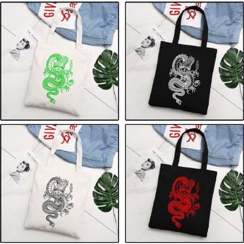 Dragon Printing Canvas Bag Shopper Bag Harajuku Large Capacity Punk Gothic Style Women Bags Classic Vintage Shoulder Bag Handbag
