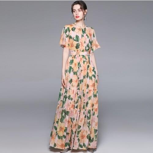 JSXDHK Summer Boho Holiday Maxi Dress Elegant Women Flower Printed Yellow Chiffon Ladies O Neck Short Sleeve Robe Pleated Dress