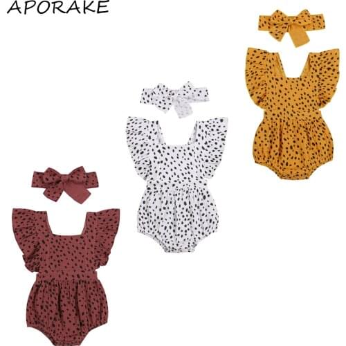 2021 0-18M Summer Infant Baby Girl Playsuit Dot Print Ruffle Short Sleeve Square Collar Bow Back Romper+Headband 2pcs Outfits