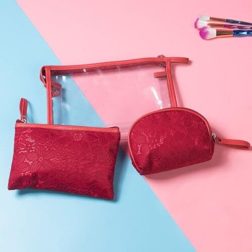 Bride Lace Travel Organizer PVC Makeup Pouch Three-piece Hanging Travel Bag Suit Cosmetic Bags Festive Red Make Up Bag Zipper