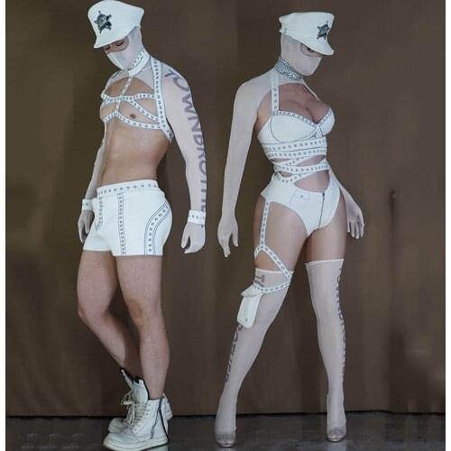 Men/Women Gogo Dance Costumes White Print Bandage Set Printing Stretch Jumpsuit Nightclub DJ Stgae Wear Festival Outfits DQS5022