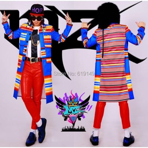 Mens New Bar Nightclub Singer Korean Male Dj Right Zhi-long Blue Coat Color Stripe Long Costume Coat Costumes Clothing Dress