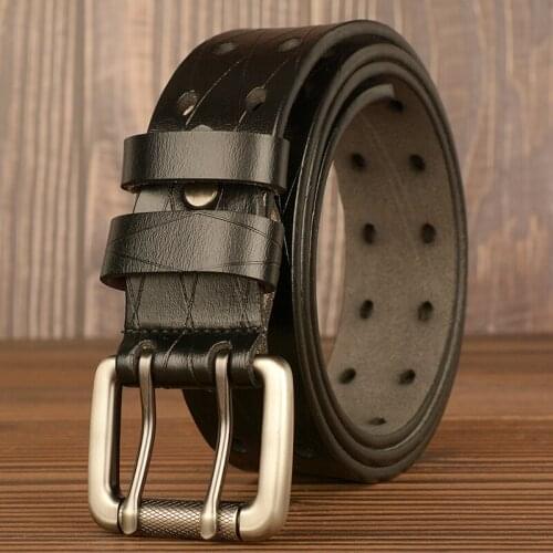 Mens Leather Double Prong Belt Classic Double Row Hole Belt Universal Hollowed Out Belt Jeans Men Waistband NEW Belts for Men