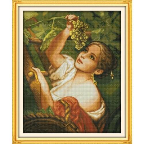 The Plucking Grapes Girl Chinese Printed Patterns Embroidery Packs Cross Stitch Counting Patterns Dmc Handmade Cross-stitch Sets