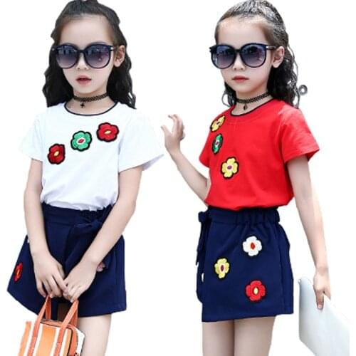 2020 New Girl clothes Sets print pattern Embroidery Children Tracksuit kids clothing suit baby Short sleeved t shirt+shorts 2Pcs