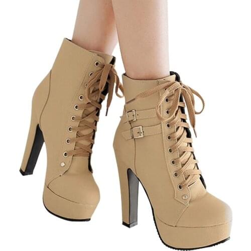 2020 New Plus Size Ankle Boots Women Platform High Heels Female Lace Up Womens Shoes Buckle Woman Short Boot Ladies Footwear