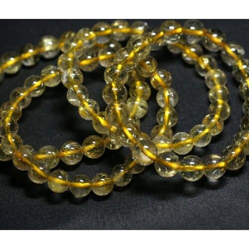 Wholesale Natural Genuine Yellow Gold Hair Needle Rutile Quartz Rutilated Finished Stretch Bracelet Round Jewelry Beads