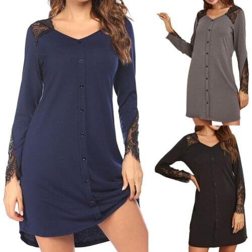 Sexy Women Nightgowns Spring Solid Lace Patchwork V-neck Long Sleeve Mini NightDress Underwear Women Night Gown Sleepshirts 2021