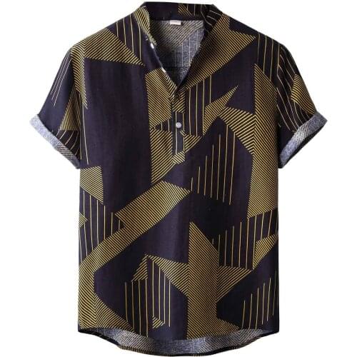 Fashion Summer New Men Shirts Vintage Ethnic Short Sleeve Casual Linen Shirt Blouse Vestidos Dress Shirts Print Camisas рубашка