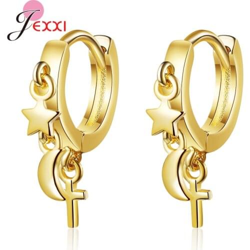 100% 925 Sterling Silver Star Moon Hoop Earring for Women Girls Best Selling Sterling Silver Huggies Hoop Earrings