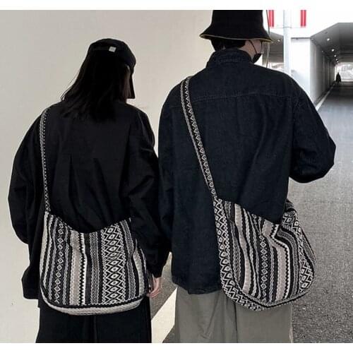 Versatile casual national stripe high-capacity canvas bag Punk Style hobos message bag