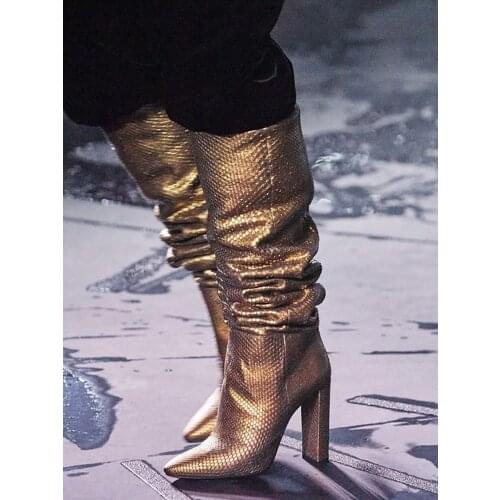 Gold Color Snake Skin Long Boots Zipper fashion show Pointed Toe Shoes Square High Heels Knee High Boots
