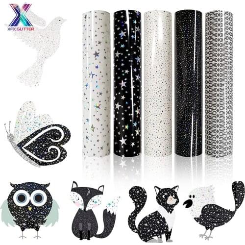 XINFANGXIU Htv Vinyl 50cm*1 Yard Black and White Star Print HTV Holographic Vinyl PU Heat Transfer Vinyl Pack for T-shirt DIY