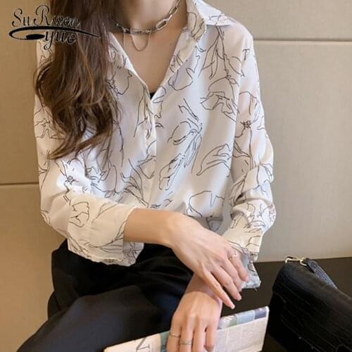 2019 New Arrival Print Chiffon Blouse Women Tops and Blouse Vintage Autumn Female Clothes sexy v-neck tops women 6861 50