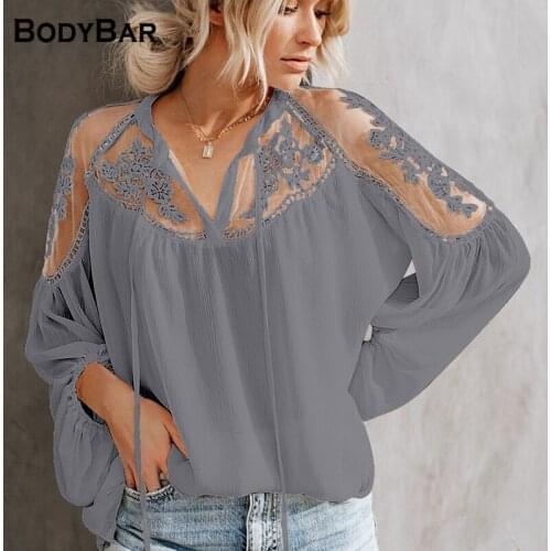 Sexy Lace Chiffon Shirt Ladies Stitching Perspective Long Sleeve Top Spring V-neck Shirts Loose Office Femme Blouse 2XL Clothing