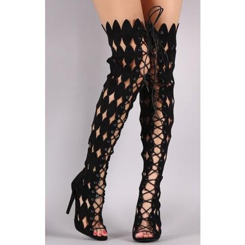 Fashion Woman Leafs Cutouts Thigh Summer Boots Stiletto Heels Over The Knee Boots Peep Toe Gladiator Crosstie Sandal Boots Women