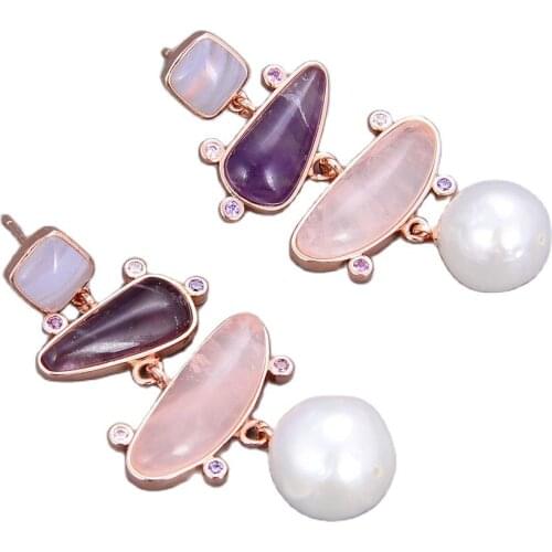 GG Jewelry Freshwater White Pearl Yellow Citrine Green Amazonite Jade Dangle Stud Earrings