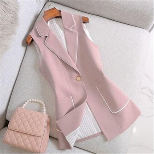 2021 Spring Autumn Women Vintage Long Blazer Vest Chic Single Button Sleeveless Suit Female Jacket Outwear Waistcoat Tops