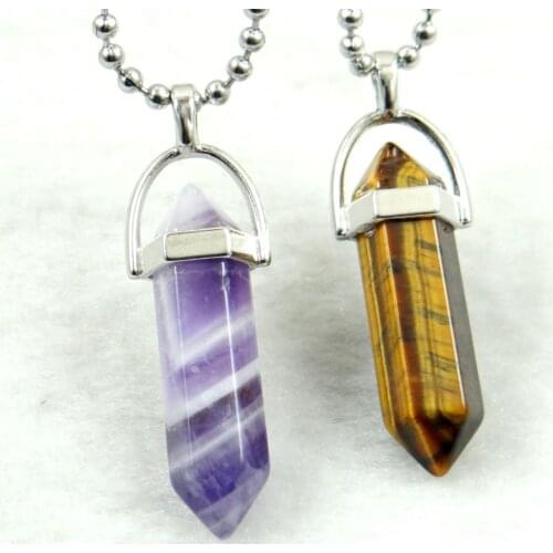 Natural stone Quartz Crystal labradorite Opal Mix Stone Hexagonal Column Pendant stainless steel Necklace women Fashion Jewelry