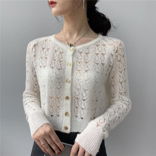 Women Short Cardigan New Spring and Autumn French Retro Hollow Crochet Knit Sweater Loose Wild Top Female NS1951