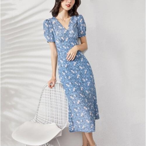 Baby Blue Print White Floral Silk Crepe Dresses Women Fashion 21 Summer Long Casual Sexy Office Work Daily Dress Plus Size Slim