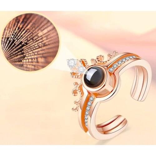 I Love You In 100 Languages Ring Wedding Memory Bridal Romantic Rose Crown Projection Ring for Women Girl Friend Ladies Gifts