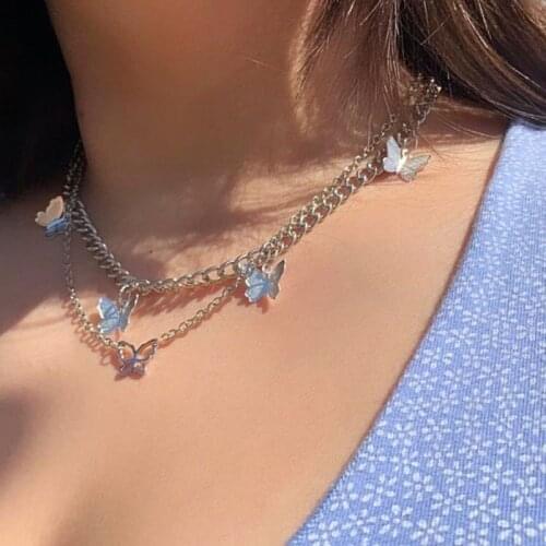 Fashion Cute Butterfly Choker Necklace For Women Gold Color Layered Chain Butterfly Pendant Necklace Female Chocker Jewelry