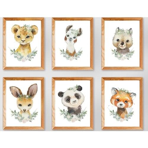 Animal Panda Tiger Prints Set of 6 Pictures Gender Neutral Flower With Crowns Woodland Nursery Art No Frame Wall Painting