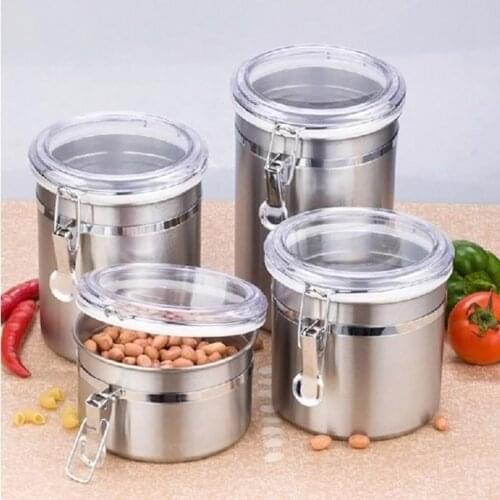 4pcs Stainless Steel Seal Pot Beans Food Storage Jar with Transparent Lid Kitchen Conister