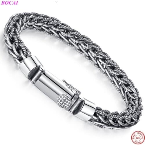 BOCAI S925 Sterling Silver Bracelet Mens Thai Silver Bracelet 925 Silver Antique Hand Made Weaven Rope Chain Bracelet
