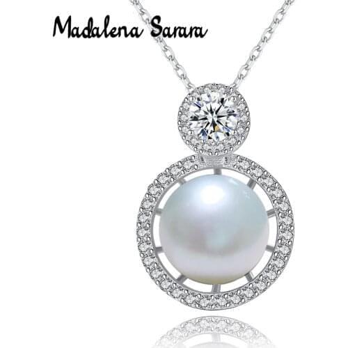MADALENA SARARA 9-10mm AA Round pearl natural white Sterling silver chain necklace Full Cubic Zirconia Hollow Carved Design