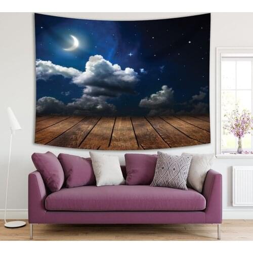 Tapestry Clouds Shining Stars and New Moon Nature View from Wooden Deck Artwork Printed Blue White Brown