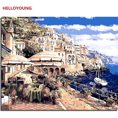 HELLOYOUNG DIY Handpainted Oil Painting Coast city Digital Painting by numbers oil paintings chinese scroll paintings Home Decor