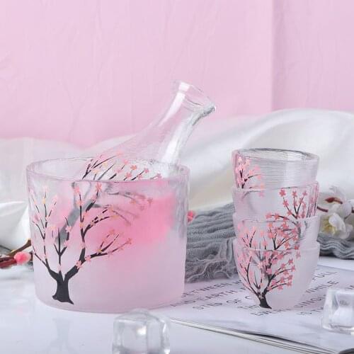 Creative Frosted Fingerprint Sake Bottle Wine Glass Set, Japanese-style Hand-painted Plum Blossom Sake Glass Including Wine Warm