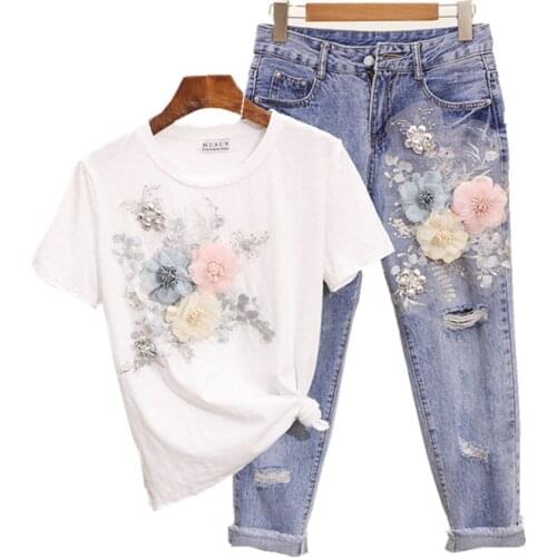 Summer Fashion Women T Shirt Jeans European Style Denim Suit Embroidery 3D Flower Female Trousers Vintage Beading Sets S-XXL