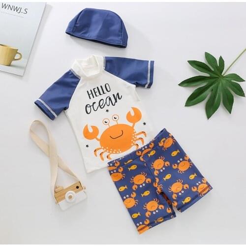 Summer New Boys Swimsuit Set Kids Sunscreen Casual Style T-shirt Shorts Hat 3 Piece Suit Children Animal Crab Printed Swimwear