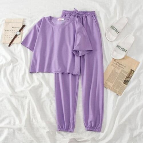 Summer Sleepwear Cute Home Suit for Womens Long Pants Female Solid Gray Casual Cotton Underwear Pajamas Sets Outfits Homewear