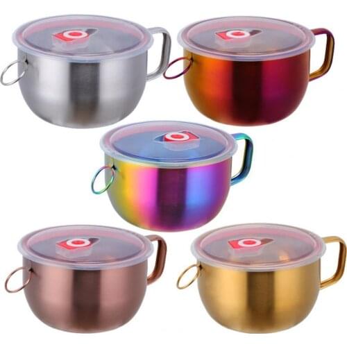 Stainless Steel Instant Noodle Bowl Heat-resistant Non-slip Large Capacity Anti-scalding Handle Food Container with Lid for Home