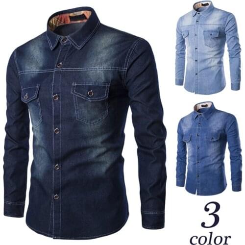Fashion Mens Denim Shirt Long Sleeve Plus Size Cotton Jeans Cardigan Casual Slim Fit Shirts Men Two-pocket Tops Clothing M-6XL
