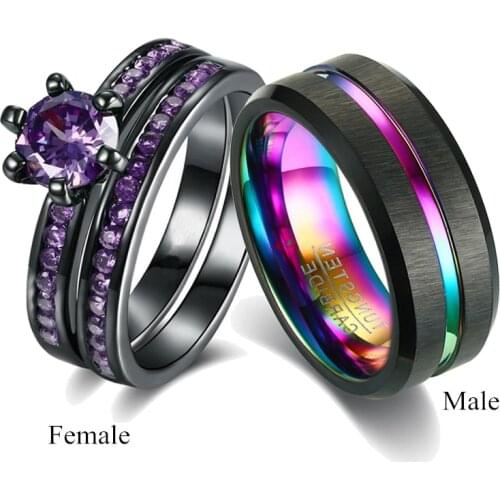 Charm Couple Rings Men Rainbow Tungsten Steel Ring Purple Zircon Women Wedding Band Rings Set Valentines Day Jewelry