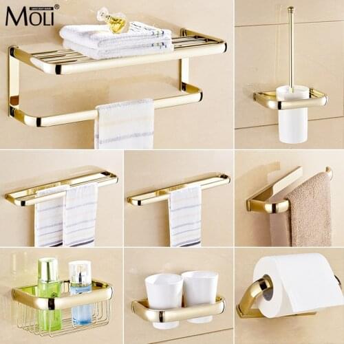 Luxury Gold Shower Bathroom Accessories Hardware Set Towel Ring Paper Holder Toilet Brush Polished Rack Hook Towel Bar ML85500