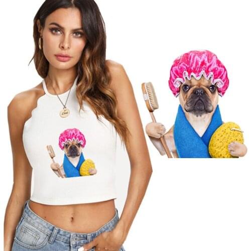 Shower Cap French Bulldog Ironing on Heat Transfer Washable Patches Printing Patches Sticker for Clothes DIY Appliques Wholesale