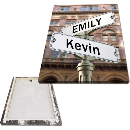 Natural Wood Framed Custom Canvas Painting Intersection Street Sign 6 Names Anniversary Wall Art Personalized Family Street Sign