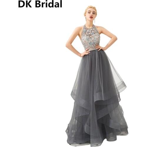 Delicate Beaded Flowers Prom Gowns Sexy Halter A-line Floor Length Plus size Long Party Prom Dresses vestidos de gala